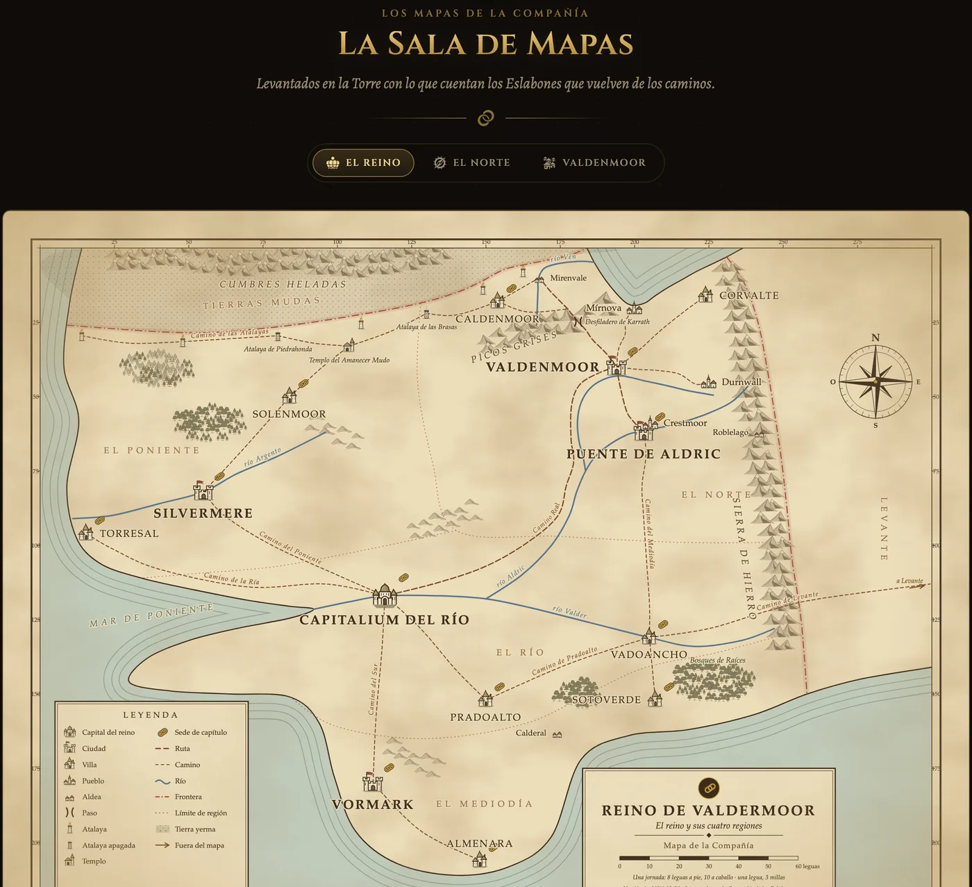 La Sala de Mapas del portal de La Compañía de los Eslabones, con el mapa del reino de Valdermoor